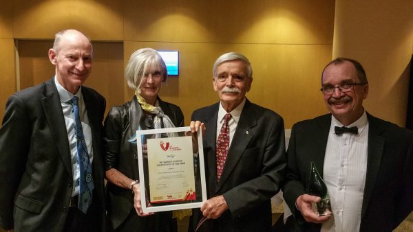 Geoff Scott, Diana Rosman, John Tuffin and Bevan Harris with the WA Community Volunteer Organisation of the Year 2017 Award. Image Credit: Volunteering WA