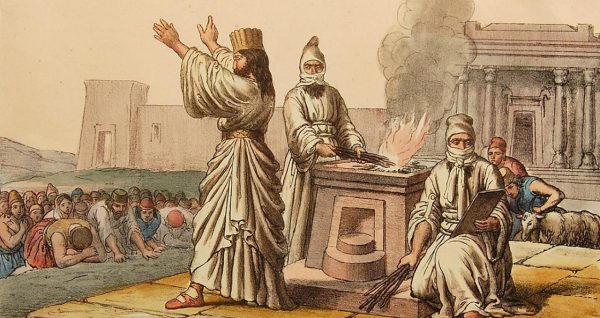 Hand-coloured 19th-century print titled Persiani, showing Zoroastrian priests at an external fire altar at Persepolis. Image Credit: British Museum